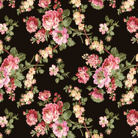 Fabric - Metallic, 13556M-12 by Benartex, Promise Me Series Black with Pinks