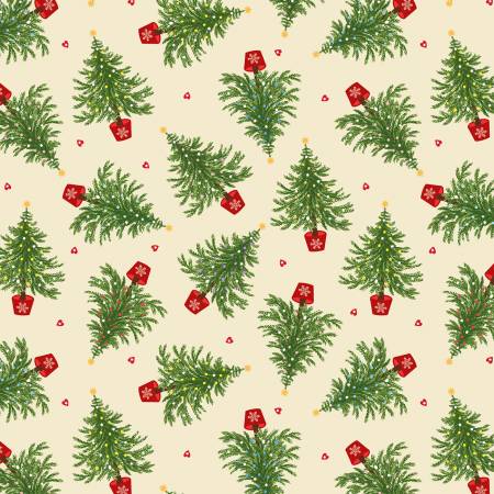 Fabric - Winter, Oh Christmas tree on cream (with gold metallic) C116