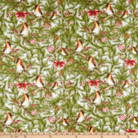 Fabric - Winter, Forest pine with Birds 3 Wishes 44" 3WI16647-WHT-CTN-D